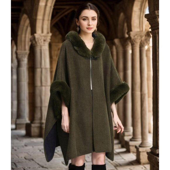 HOT Women's Luxury Batwing Sleeve Faux Fur Cape-Army Green - Picture 4 of 5